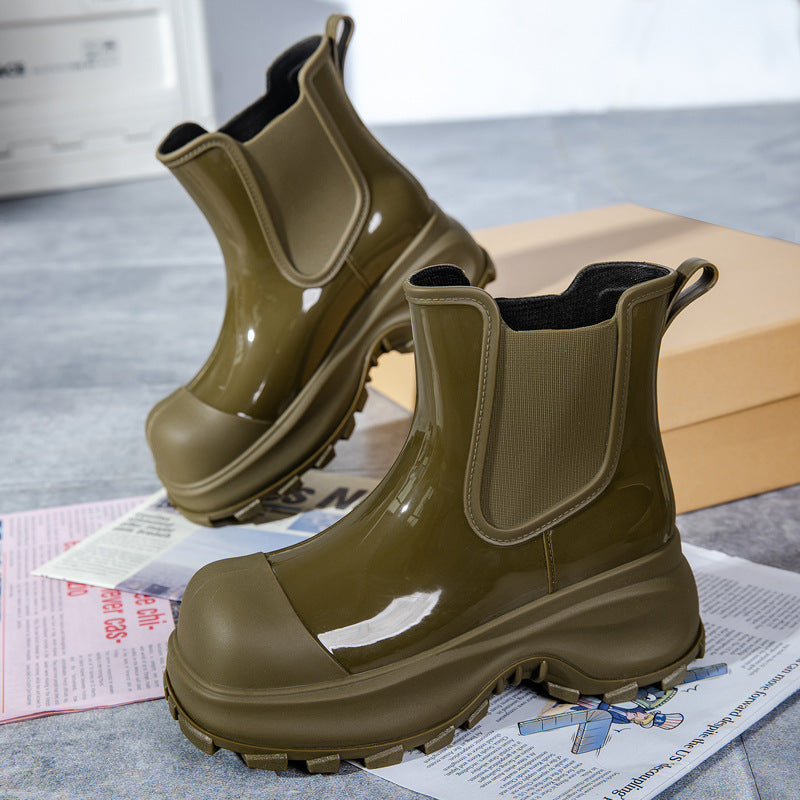 Damen Plateau-Gummistiefelette im Chelsea-Stil mit robuster Lug-Sohle Drune