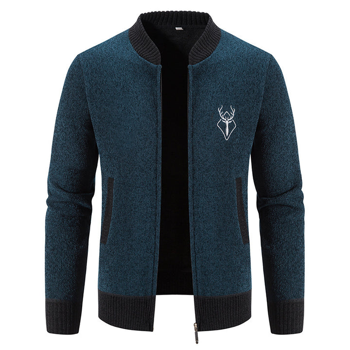 Herren nan lässiger Zip-Strickblouson mit weichem Thermofutter, geripptem Stehkragen und Hirsch-Logo Drune