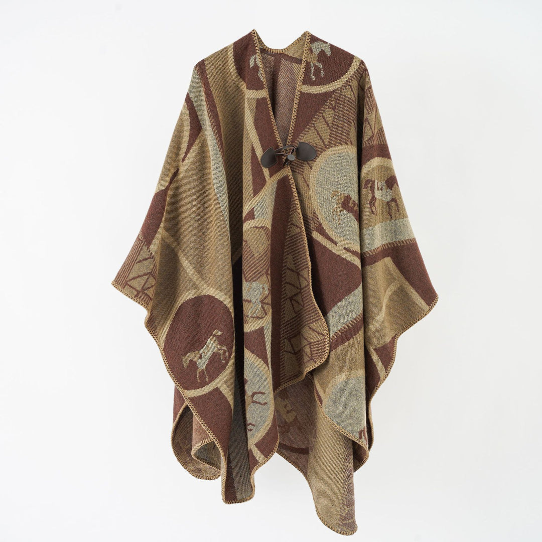 Damen Wollmix-Jacquard-Ruana mit Pferdemotiv, Knebelverschluss und offener Kimono-Silhouette Drune