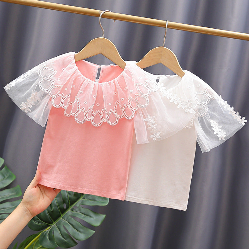 Mädchen Bluse mit Blumenstickerei und Tüllärmeln Drune
