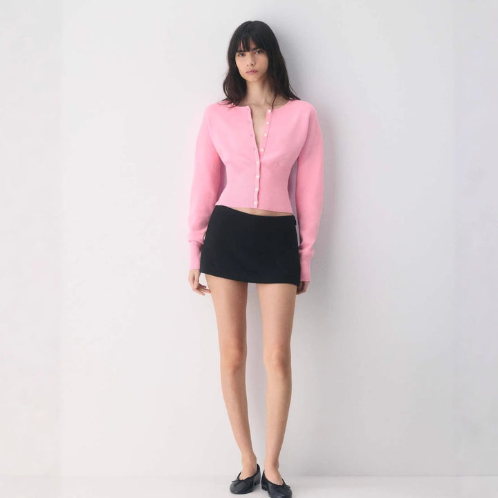 Damen Cropped Strickjacke mit Knopfleiste und Rippstrick Drune