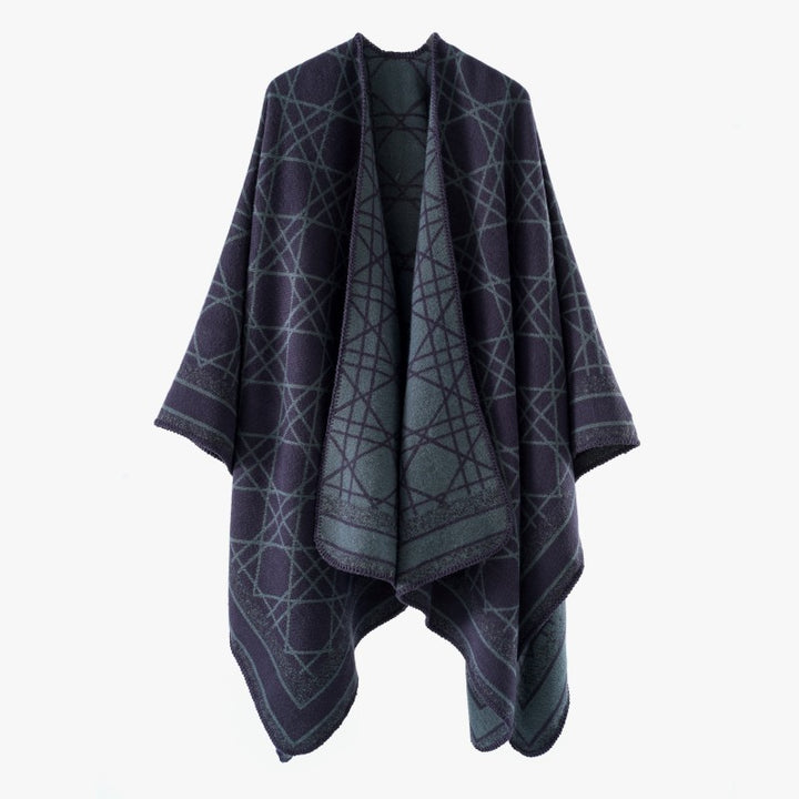 Damen Wendbarer Jacquard-Capeponcho mit geometrischem Allovermuster und offenem Kimono-Fall Drune