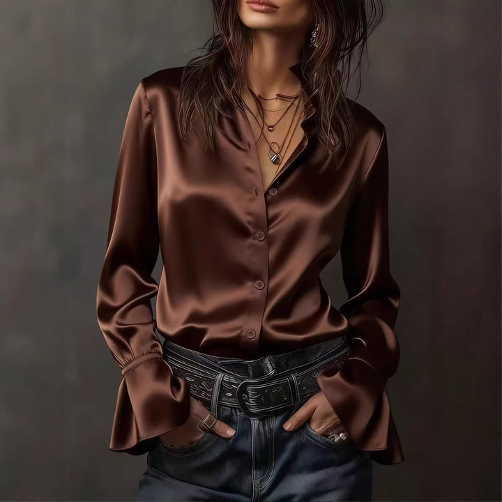 Damen Seidenglänzende Satinbluse mit Stehkragen, Knopfleiste und Volantärmel Drune