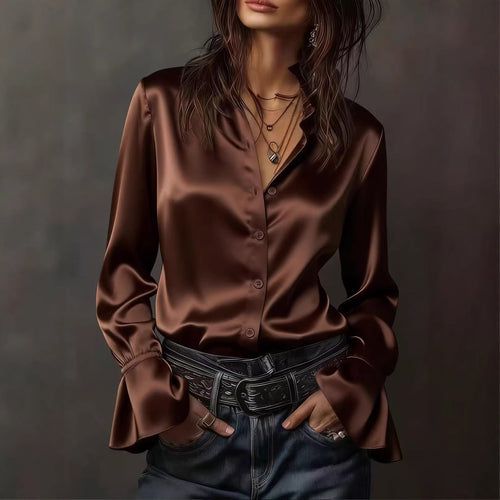 Damen Seidenglänzende Satinbluse mit Stehkragen, Knopfleiste und Volantärmel Drune