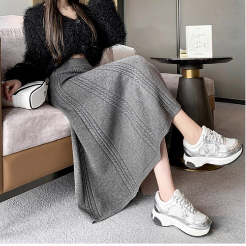 Damen Eleganter Midirock mit Zopfmuster und weitem Schnitt Drune