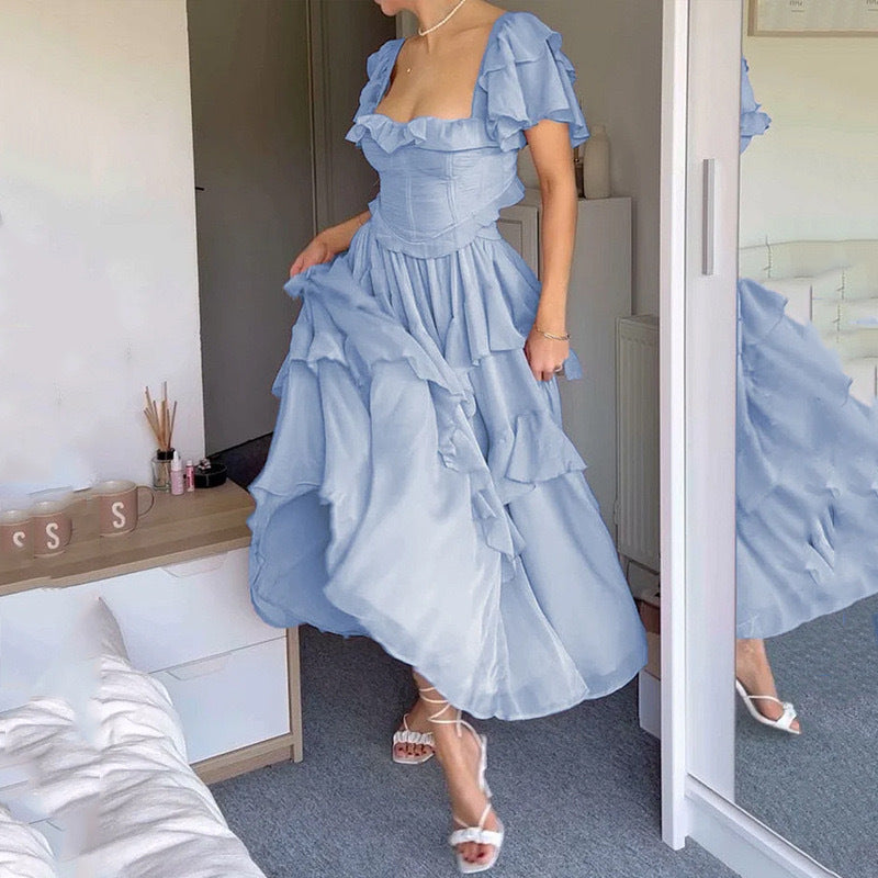 Damen Verspieltes Rüschendetails Maxikleid mit corsage-förmigem Oberteil Drune