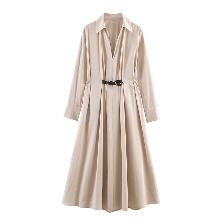 Damen Langärmeliges Hemdblusenkleid mit weitem Faltenrock und Taillengürtel Drune