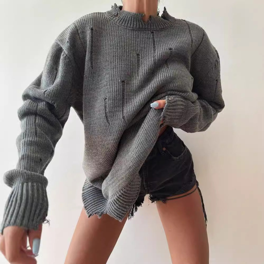 Damen Oversized Grobstrickpullover mit Distressed-Details und geripptem Saum Drune