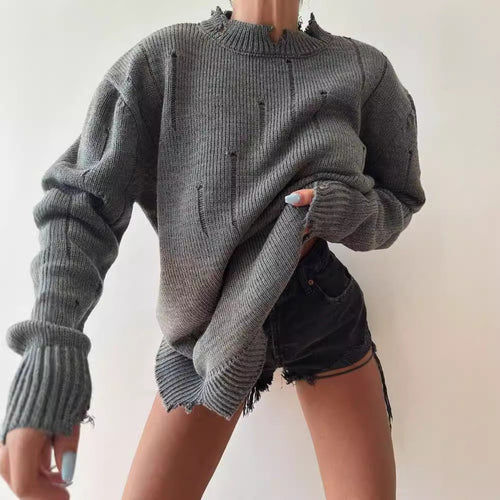 Damen Oversized Grobstrickpullover mit Distressed-Details und geripptem Saum Drune