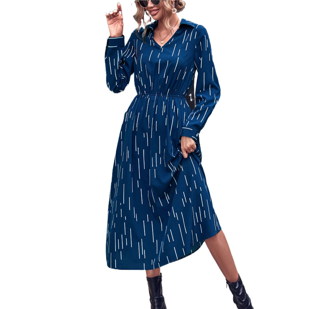 Damen Midi-Kleid mit schickem Kragen und elastischem Taillenband Drune