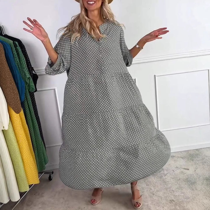 Damen nan lässiges Stufenmidikleid mit Stehkragen, verdeckter Knopfleiste und dreiviertelärmeln Drune