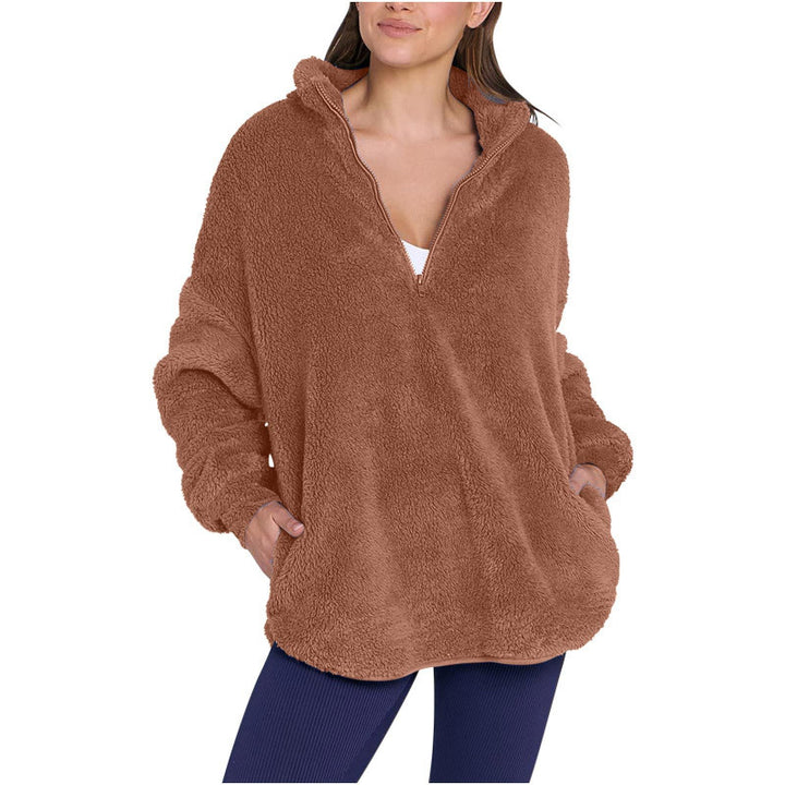 Damen Flauschiger Oversize-Sherpa-Pullover mit Halbzip und Kängurutaschen Drune
