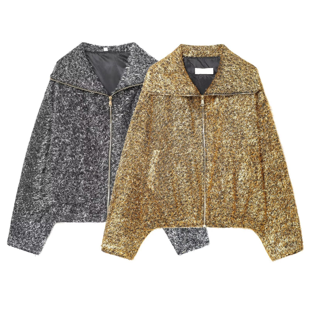Damen Kurz geschnittener Bouclé-Blouson mit Metallic-Effekt und durchgehendem Reißverschluss Drune