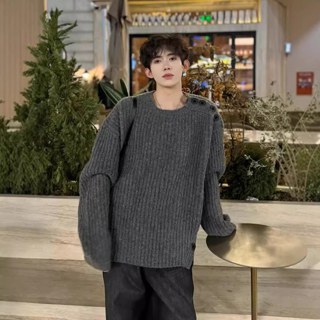 Herren Grobgestrickter Oversize-Pullover mit Rundhalsausschnitt und Schulterknopfleiste Drune