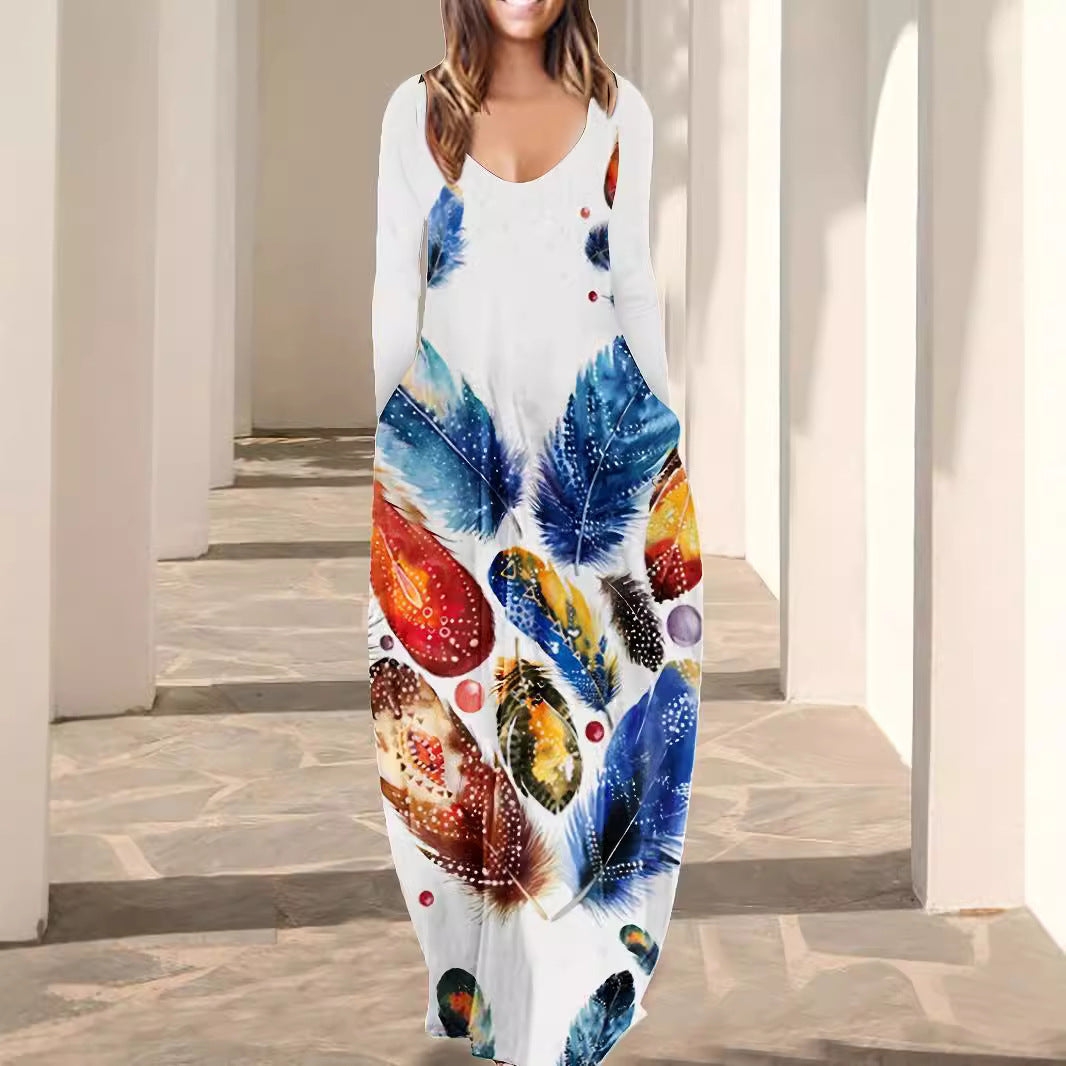 Damen Fließendes Maxikleid mit auffälligem Federmotiv, tiefem Rundhalsausschnitt und Seitentaschen Drune