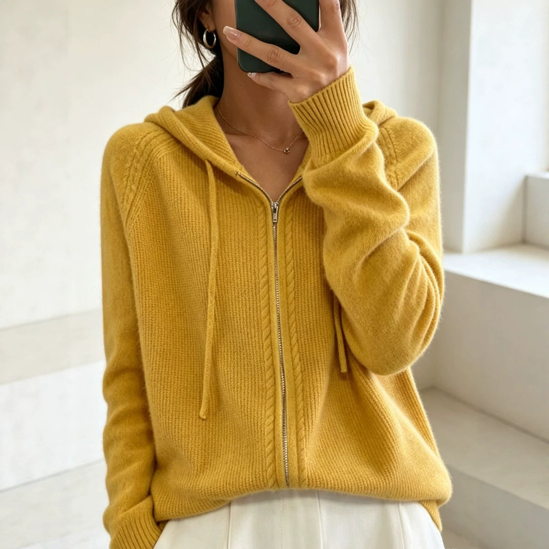 Damen Kapuzen-Cardigan mit Reißverschluss, feinem Feinstrick und gerippten Bündchen Drune