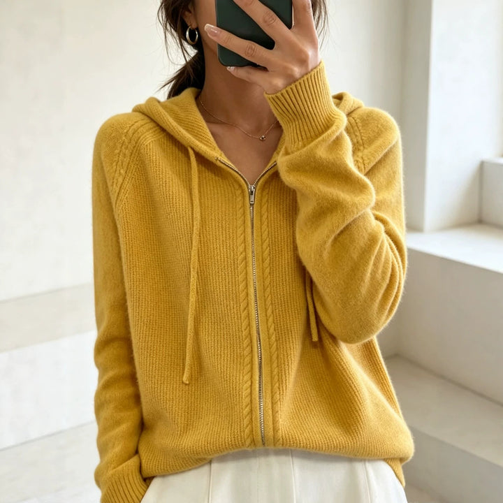 Damen Kapuzen-Cardigan mit Reißverschluss, feinem Feinstrick und gerippten Bündchen Drune