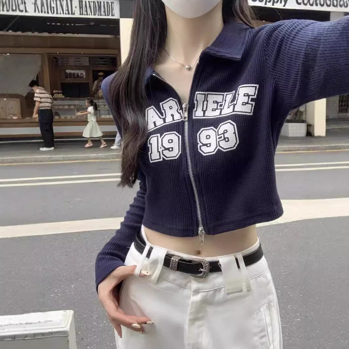 Damen modisches und sportliches Cropped-Shirt mit Reißverschluss Drune
