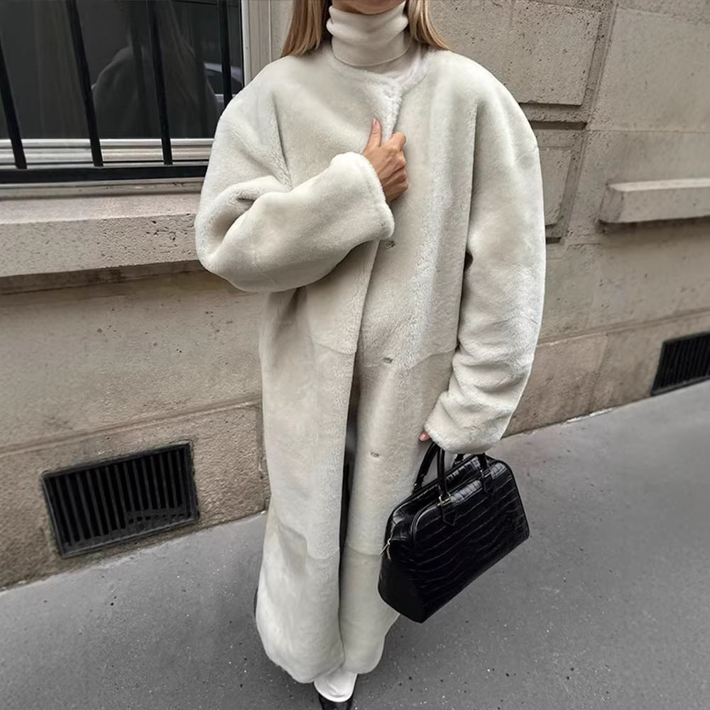 Damen Maxilanger Oversize-Teddymantel mit minimalistischem Stehkragen und verdeckter Druckknopfleiste Drune