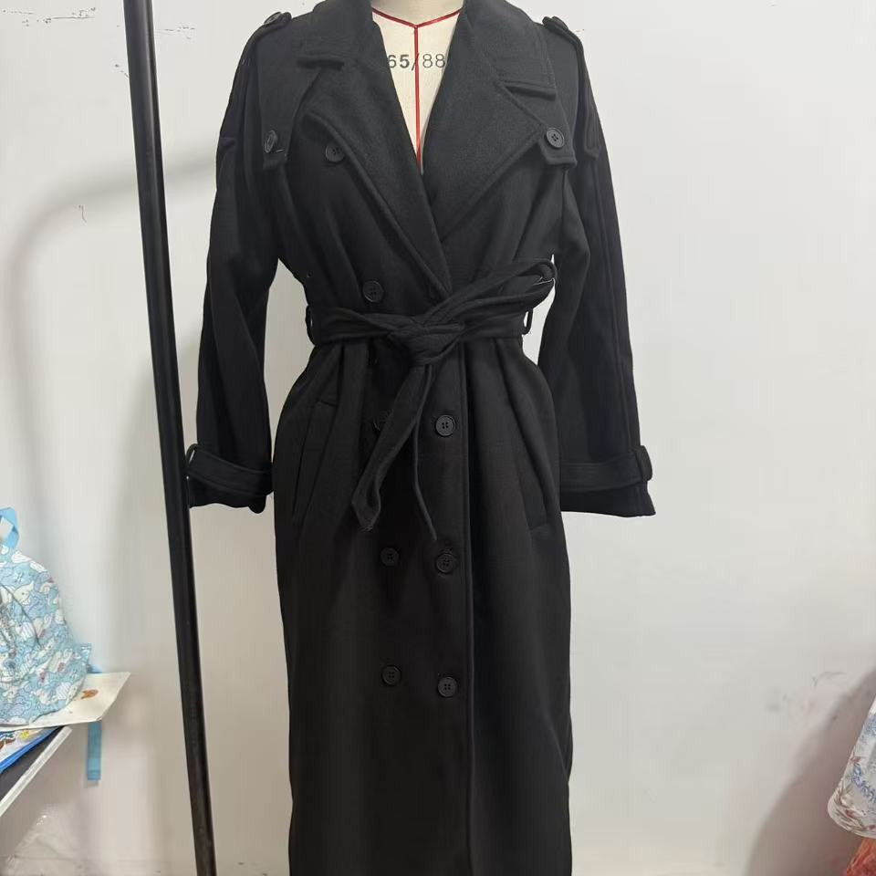 Damen langer Oversize Wollmantel mit weitem Revers und Gürtel Drune