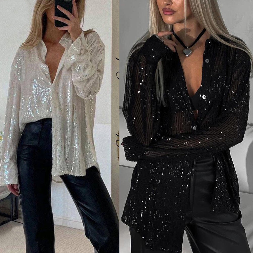 Damen Glitzerndes Langarmhemd mit lässigem Schnitt und eleganten Pailletten Drune