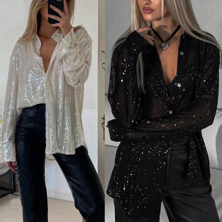 Damen Glitzerndes Langarmhemd mit lässigem Schnitt und eleganten Pailletten Drune