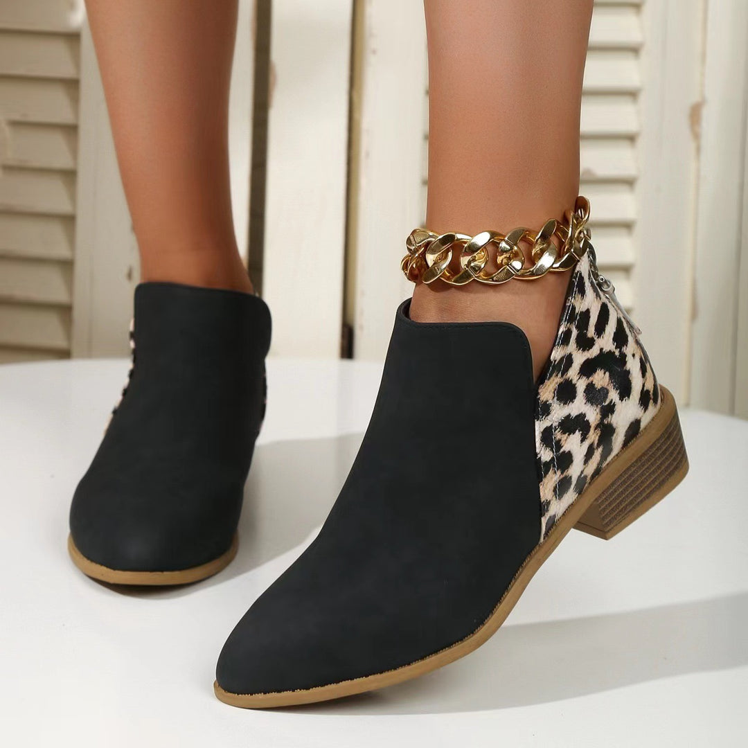 Damen Kurzschaft-Ankleboots mit spitzer Vorderkappe, Leoparden-Fersen und verdecktem Reißverschluss Drune