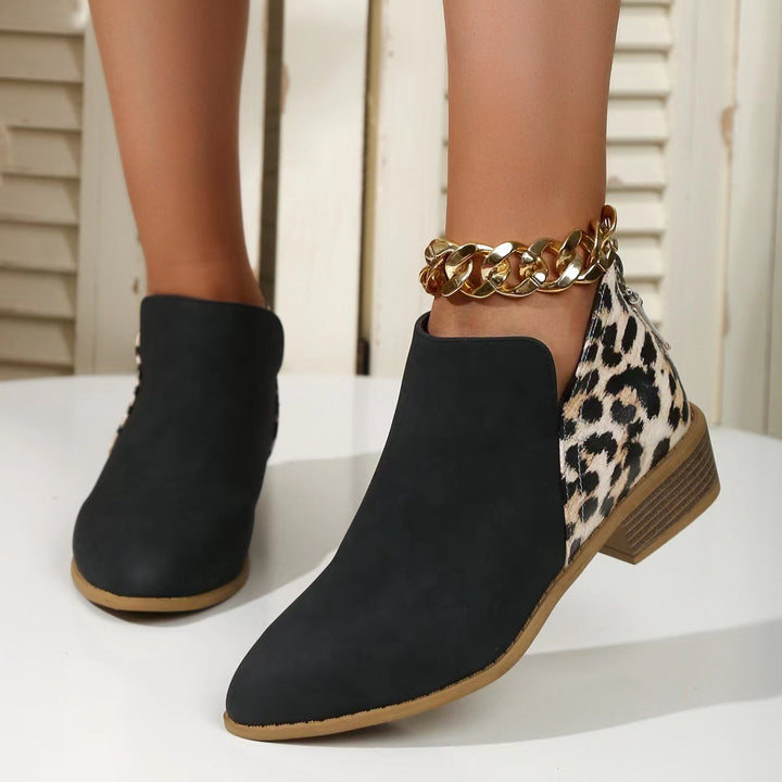 Damen Kurzschaft-Ankleboots mit spitzer Vorderkappe, Leoparden-Fersen und verdecktem Reißverschluss Drune