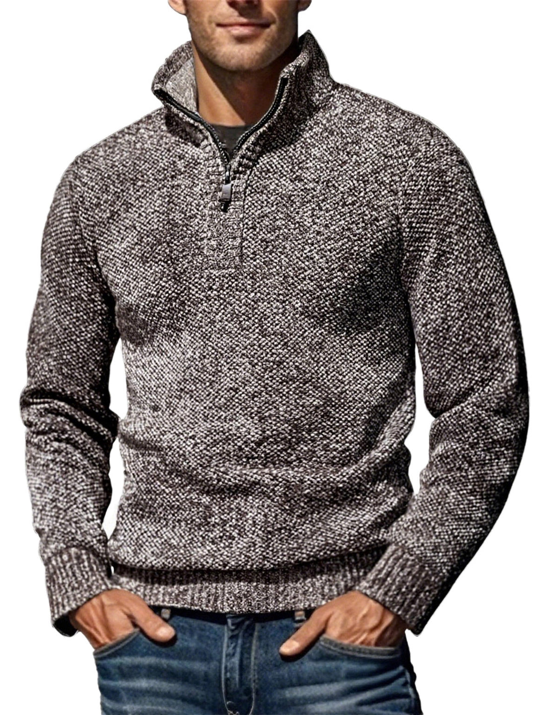 Herren nan grobgestrickter Strickpullover mit halbem Reißverschluss und hohem Stehkragen Drune