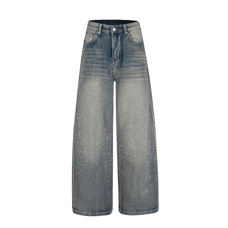 Damen Weite hochgeschnittene Palazzo-Jeans mit Glitzereffekt und Used-Waschung Drune