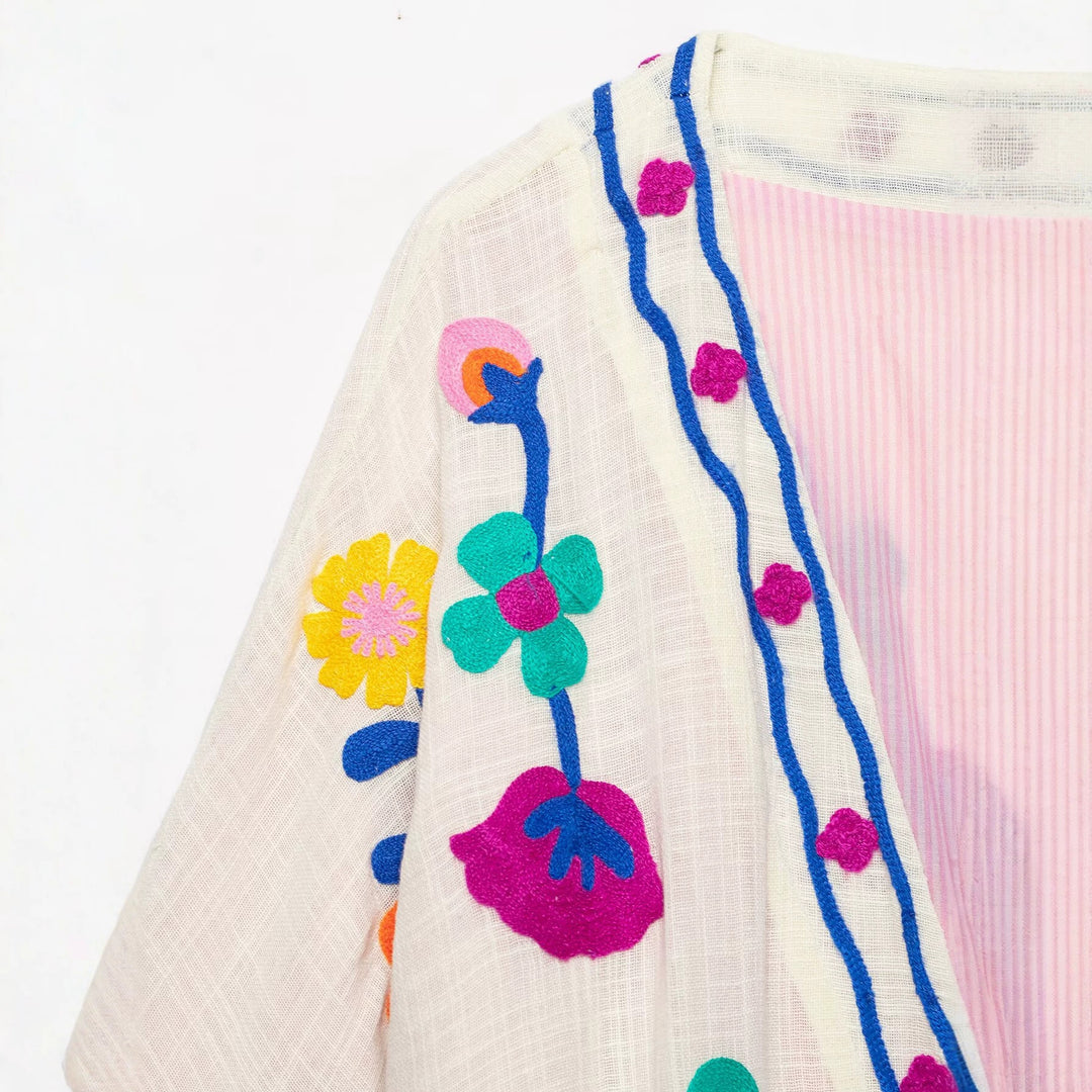 Damen Bestickter Kurz-Kimono mit floralem Stick und Bindegürtel Drune
