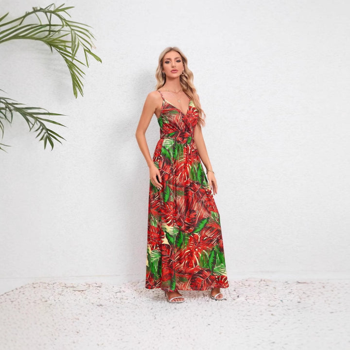 Damen Maxikleid mit zartem V-Ausschnitt und buntem Pflanzenmuster Drune