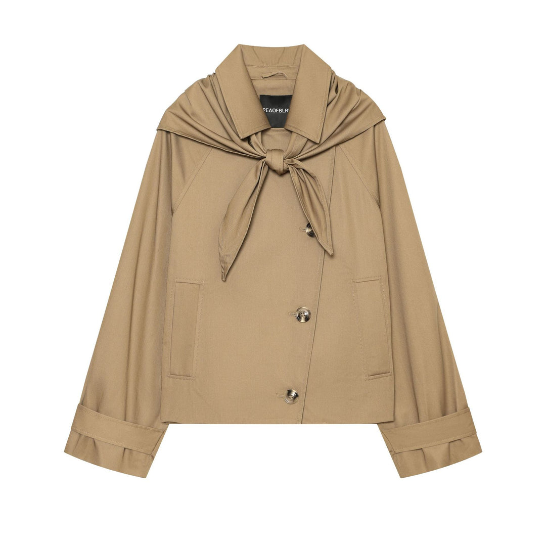Damen Kurzgeschnittener Cape‑Trench mit integriertem Bindeschal und überschnittener Schulterpartie Drune