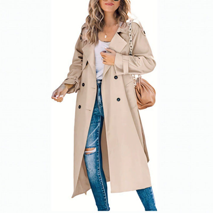Damen eleganter Trenchcoat mit doppelt Reihe Knopfverschluss und Taillengürtel Drune