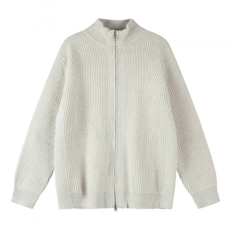 Unisex Grobgestrickter Reißverschluss-Strickcardigan mit Stehkragen und Rippstruktur Drune