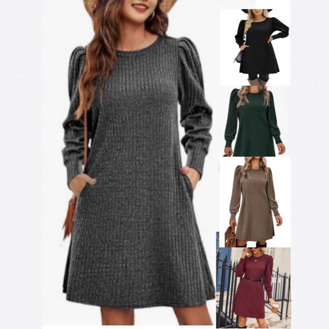 Damen nan gestricktes A-Linien Strickkleid mit Puffärmeln Drune