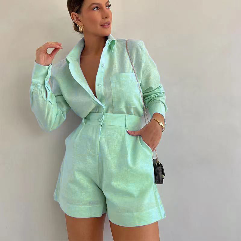 Damen Kurz-Overall mit eleganter Hemdblusen-Optik Drune