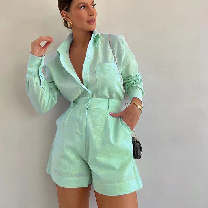 Damen Kurz-Overall mit eleganter Hemdblusen-Optik Drune