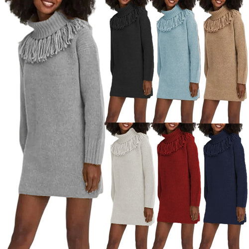 Damen Strickkleid mit Fransenkragen und gerippten Ärmeln Drune
