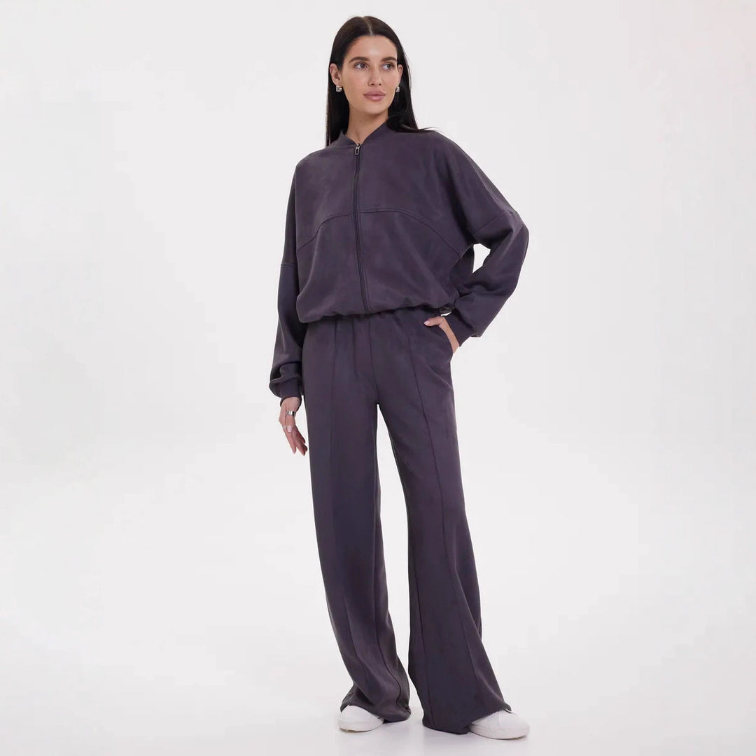 Damen sportliche und elegante Trainingsjacke mit weit geschnittenen Hosen Drune