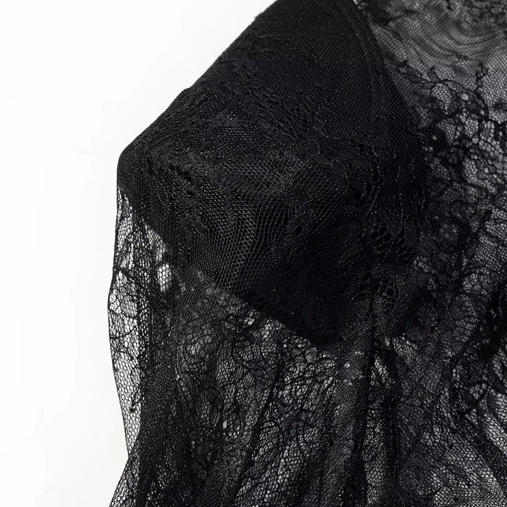 Damen nan transparente Spitzenbluse mit Stehkragen, Bindeschlüssel und Glockenärmeln Drune