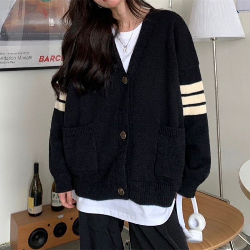Damen Strickcardigan mit lässigen Taschen und kontrastierenden Streifen Drune