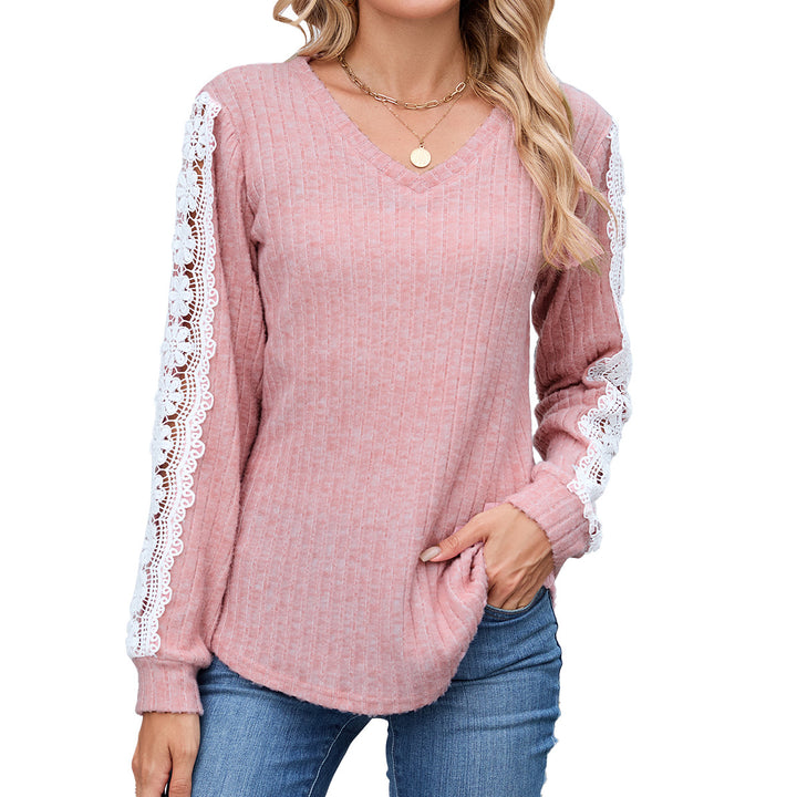 Damen Relaxed Fit V-Ausschnitt Pullover mit Spitzenakzenten Drune
