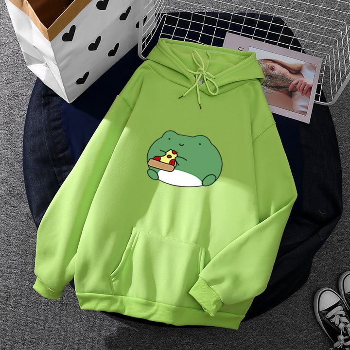 Damen nan gemütlicher Kapuzenpullover mit kawaii Frosch‑Pizza‑Motiv und oversized Relax‑Fit Drune