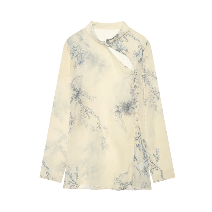 Damen Seidenbluse im Kimono‑Stil mit Mandarinkragen und dekorativer Knotenknopfleiste Drune