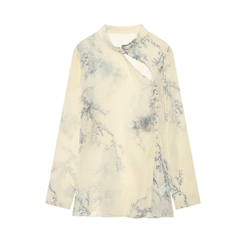 Damen Seidenbluse im Kimono‑Stil mit Mandarinkragen und dekorativer Knotenknopfleiste Drune