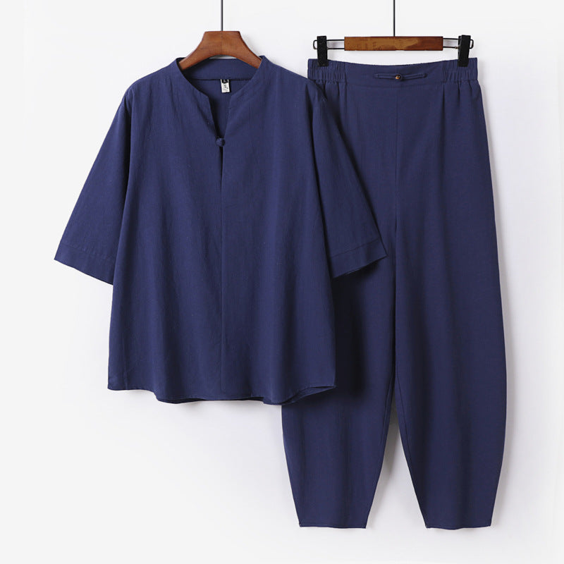 Herren Zweiteiliges Leichtes Leinen-Baumwoll-Set mit Mandarin-Kragen und elastischer Bundhose Drune