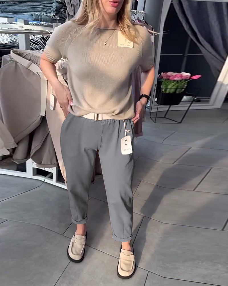 Damen nan lässige Baumwoll-Chino mit elastischem Komfortbund, Umschlag und Ziergürtel Drune