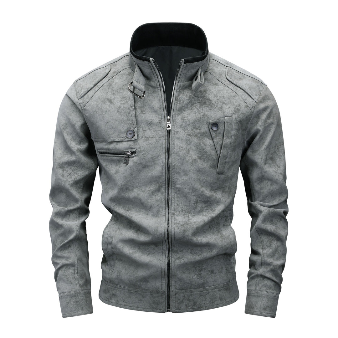 Herren Slim-Fit Biker-Bomberjacke aus Wildlederimitat mit Stehkragen und Zierknöpfen Drune