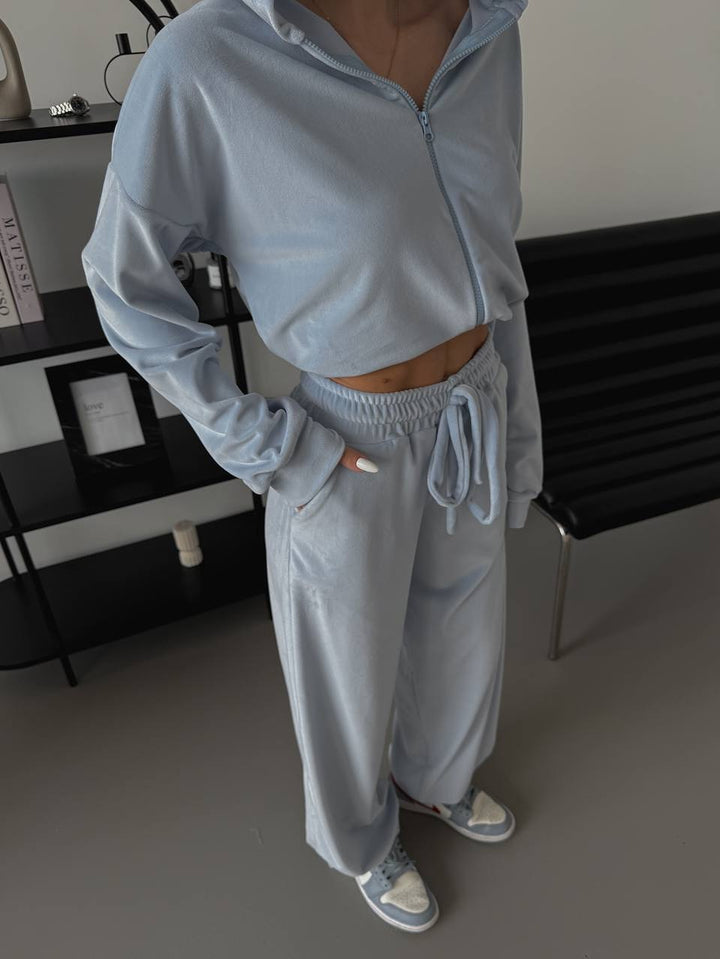Damen Zweiteiliges Samt-Loungewear-Set mit Cropped-Zipjacke und weiter High-Waist-Sweathose Drune